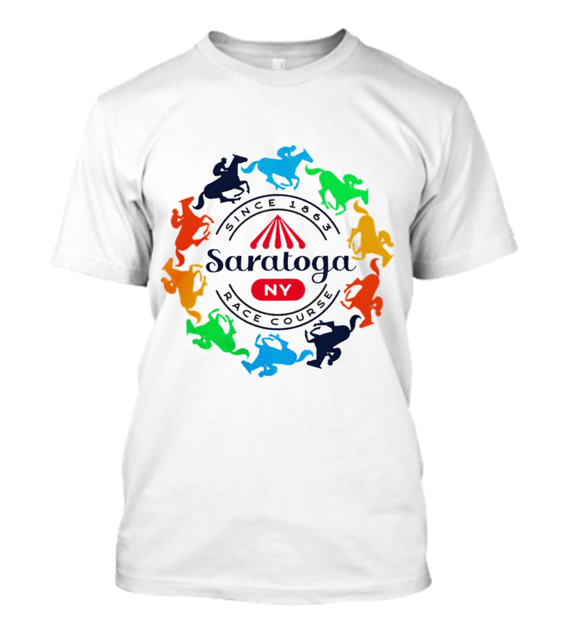 Saratoga NY Race Course Since 1863 Colorful Jockeying Nyra Authentics T-Shirt