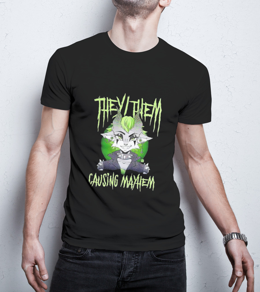 They Them Causing Mayhem Punk Monster Character With Green Hair And Spikes T-Shirt