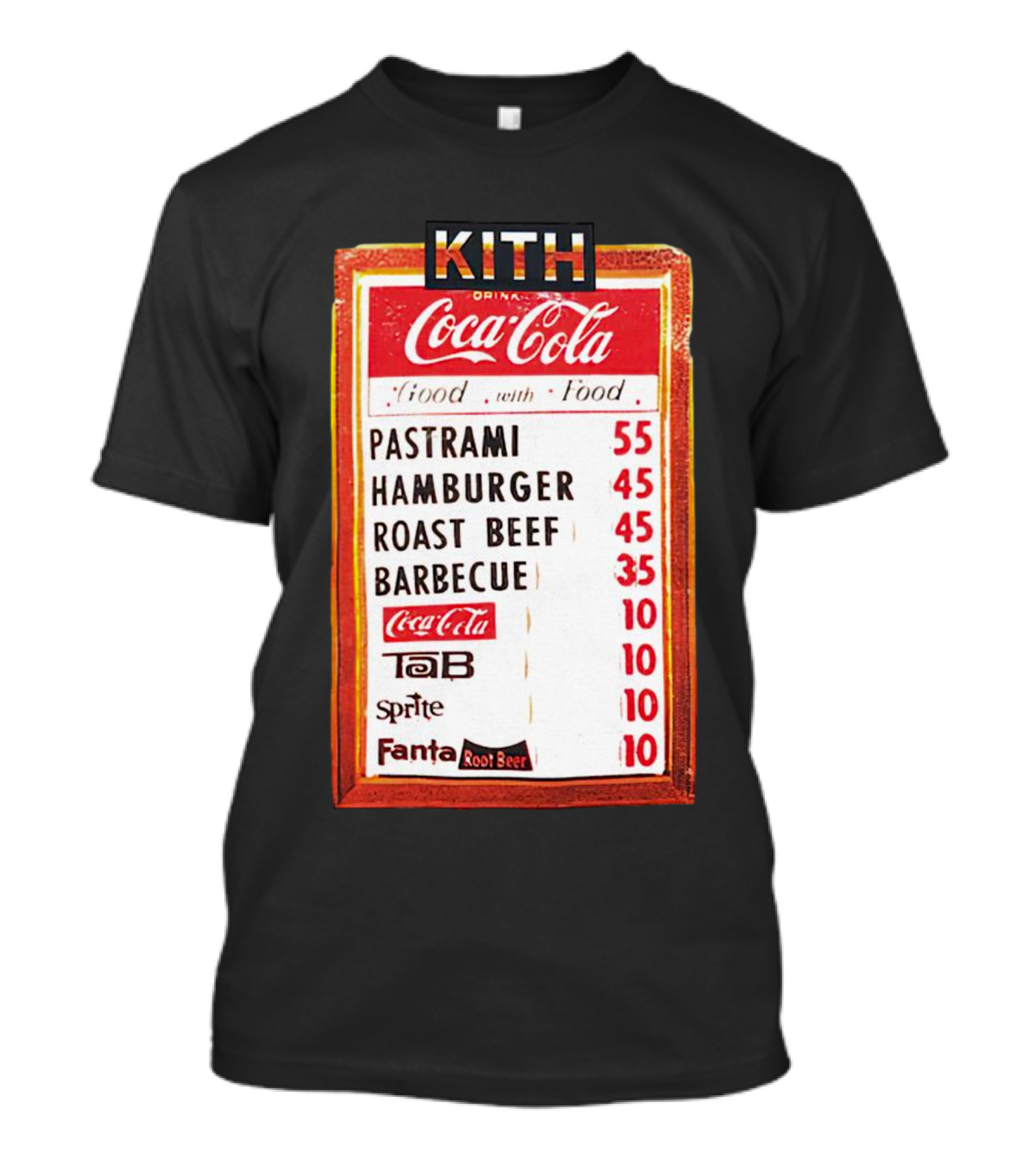 Kith Coca Cola Good With Food Vintage Menu Pastrami Hamburger Roast Beef Barbecue TaB Sprite Fanta Root Beer T-Shirt