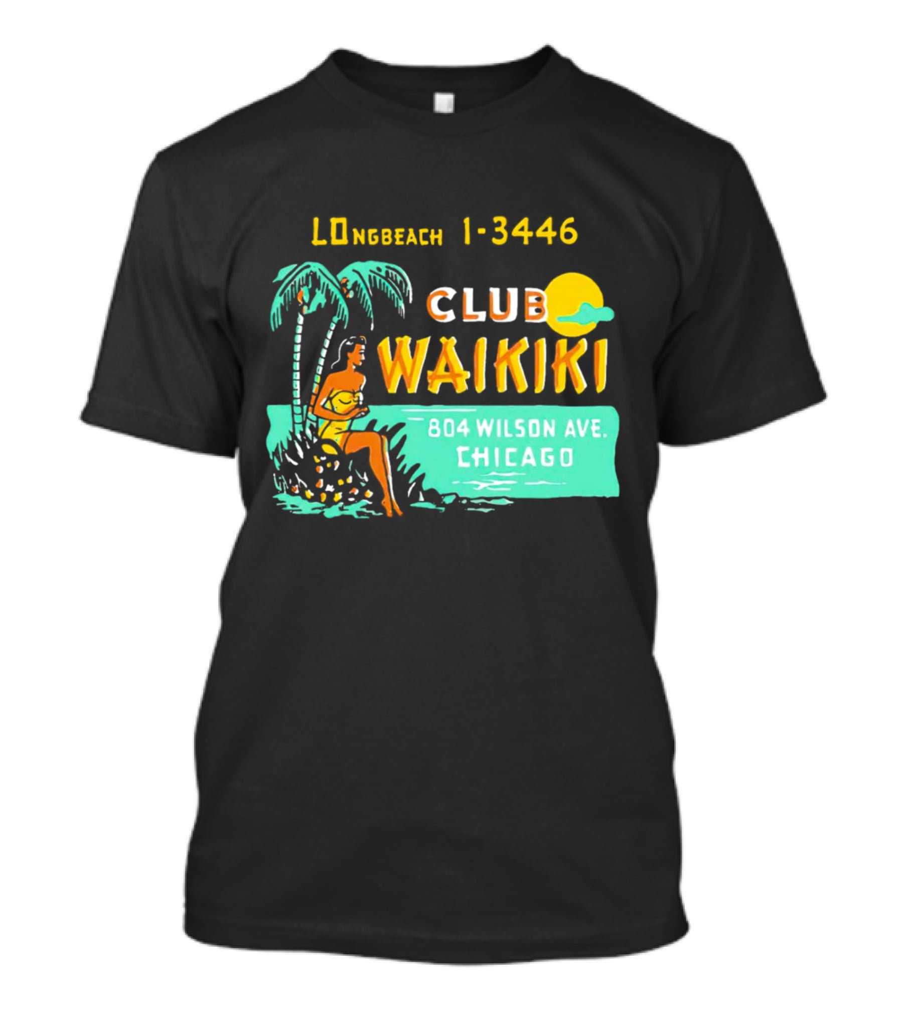 Club Waikiki 804 Wilson Ave Chicago Longbeach 1-3446 Vintage Tiki Bar T-Shirt