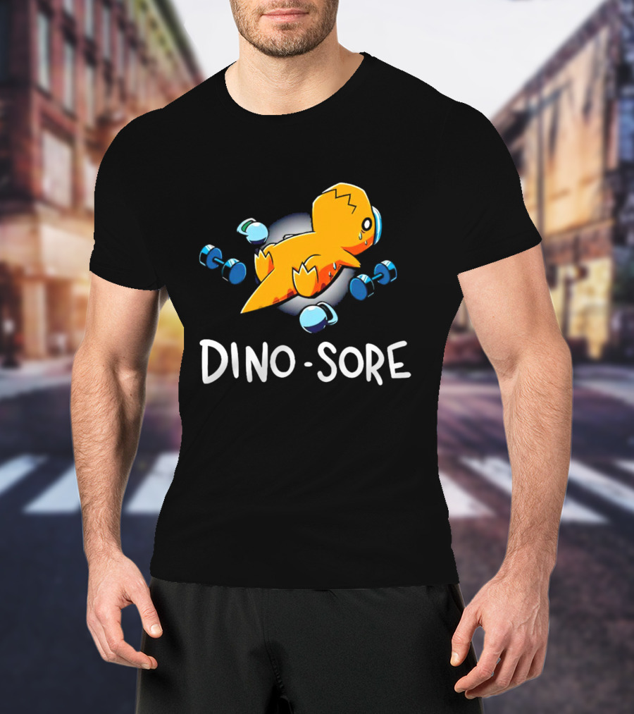 Elspeth Eastman Dino Sore Cute Tired Dinosaur With Weights T-Shirt