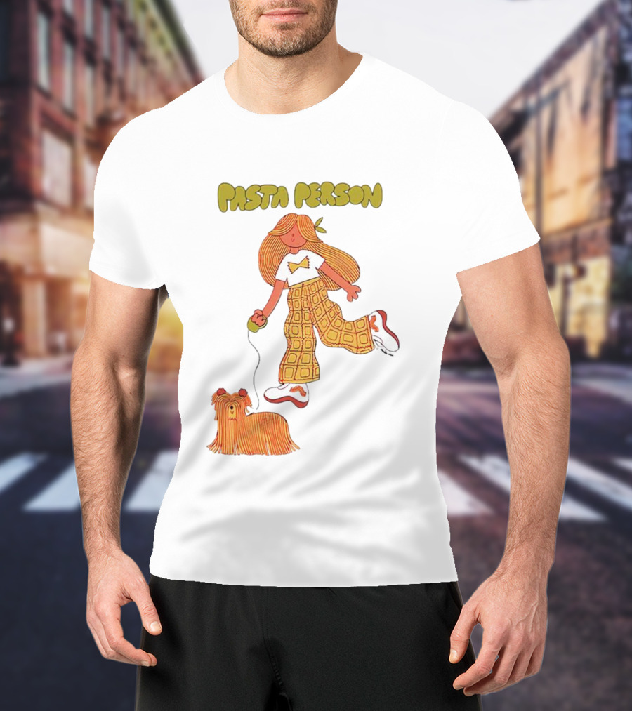 Pasta Person Walking Dog In Checkered Pants And White Sneakers T-Shirt
