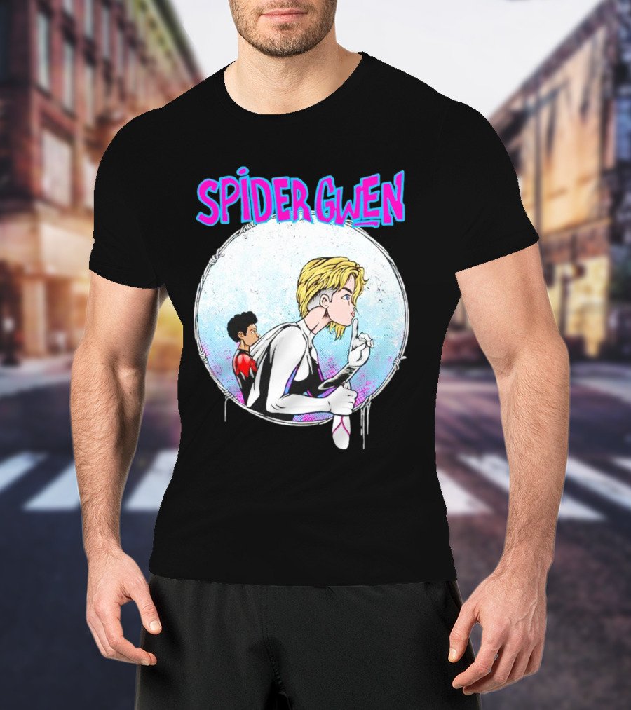Spider-Gwen Silence Gesture With Spider Emblem Background T-Shirt