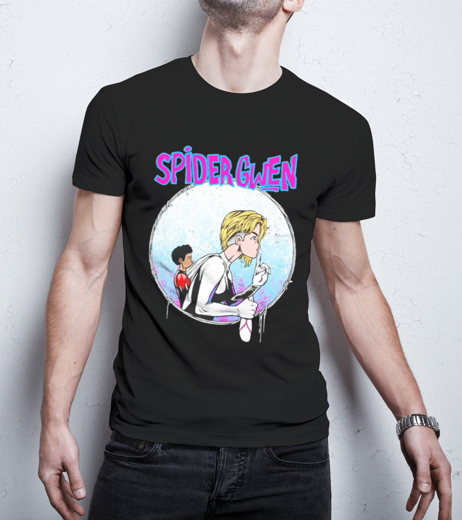 Spider-Gwen Silence Gesture With Spider Emblem Background T-Shirt