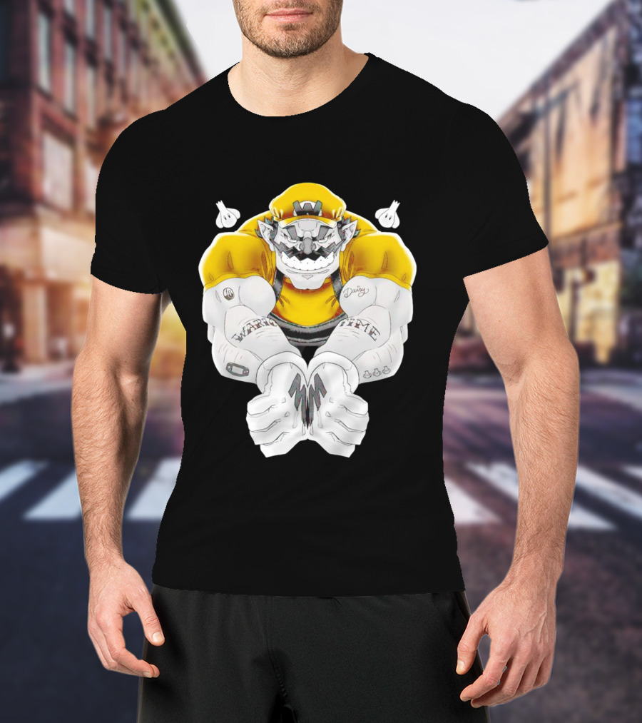 Wario Time Mario Daisy Tattoo With Yellow Cap And Muscle Pose T-Shirt