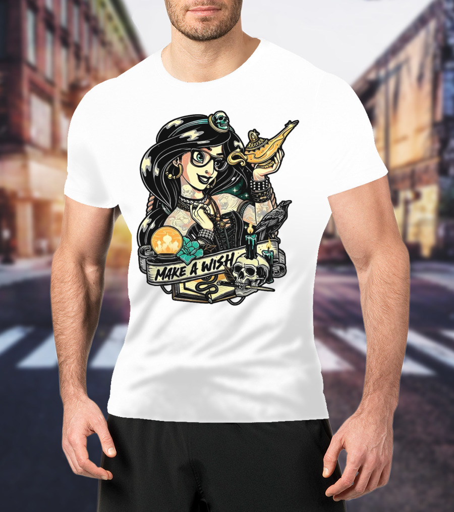 Jasmine Princess Aladdin Make A Wish Tattoo Style With Skull And Lamp T-Shirt