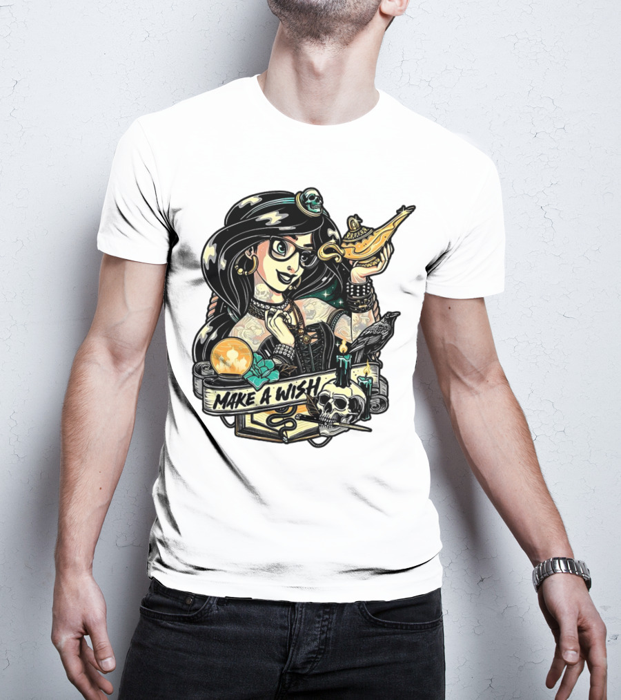 Jasmine Princess Aladdin Make A Wish Tattoo Style With Skull And Lamp T-Shirt