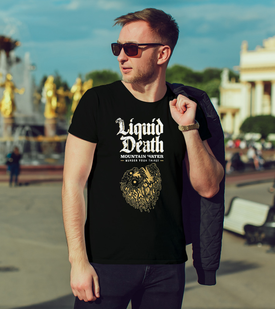 Liquid Death Mountain Water Murder Your Thirst Skull Head T-Shirt