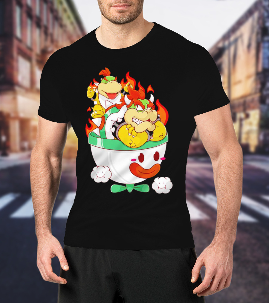 Bowser And Bowser Jr. Father And Son In Clown Car With Flames T-Shirt
