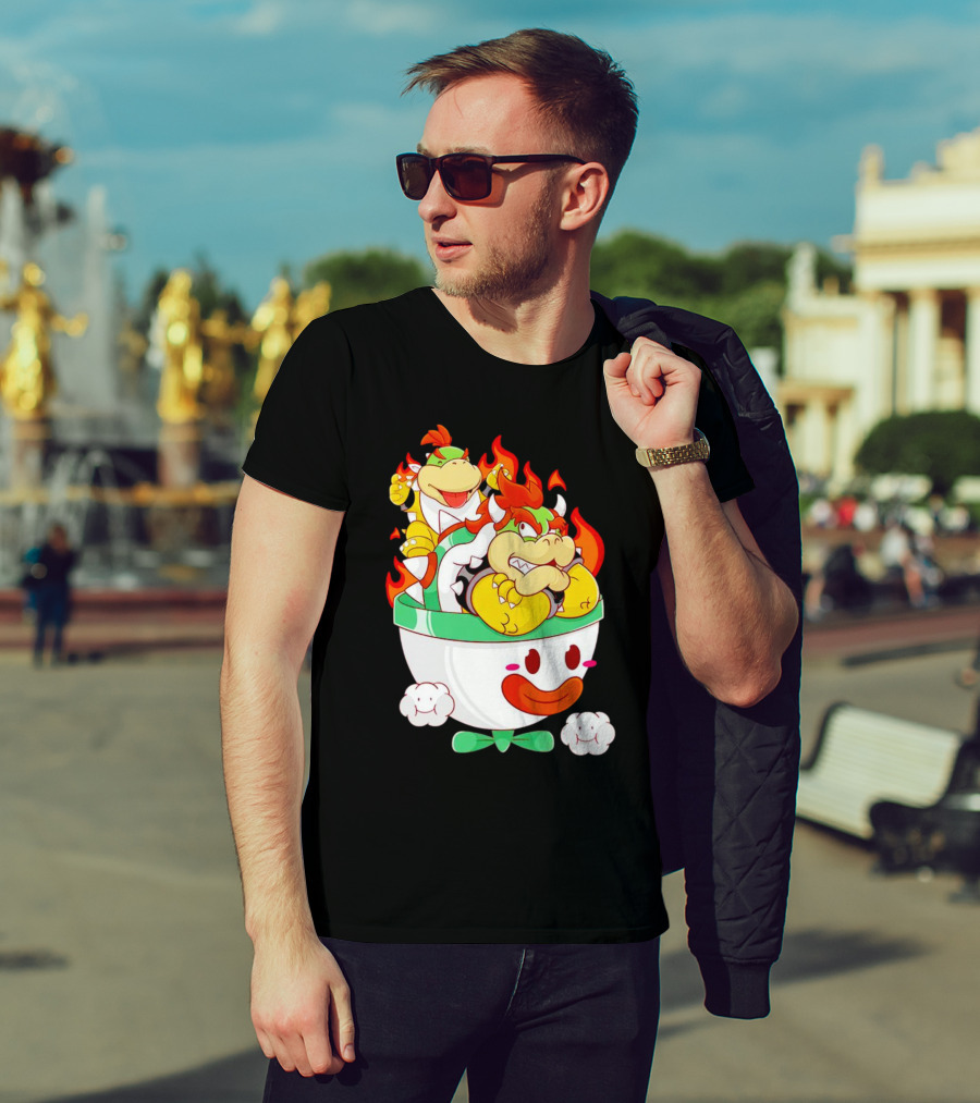 Bowser And Bowser Jr. Father And Son In Clown Car With Flames T-Shirt