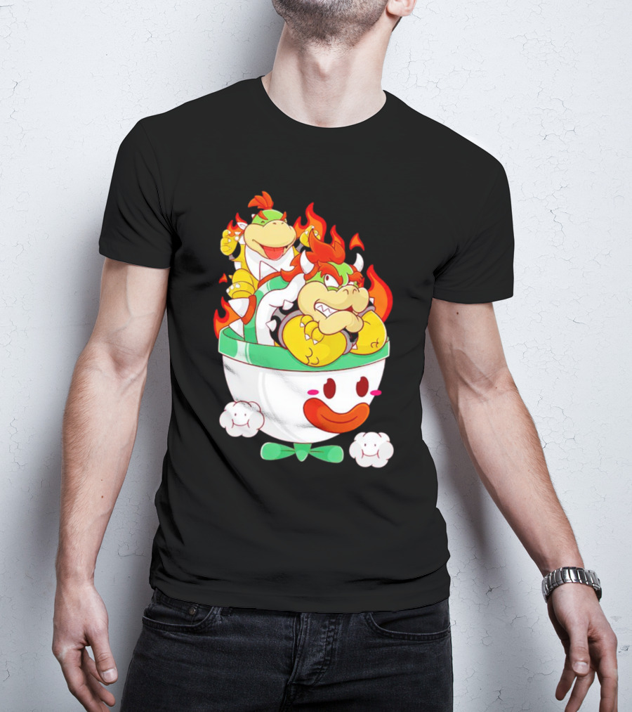 Bowser And Bowser Jr. Father And Son In Clown Car With Flames T-Shirt