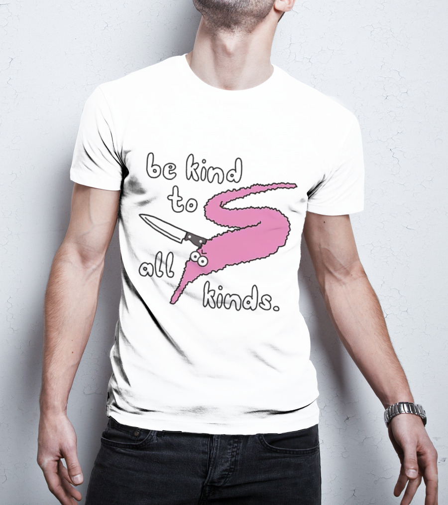 Be Kind To All Kinds Pink Squiggle Worm With Knife T-Shirt