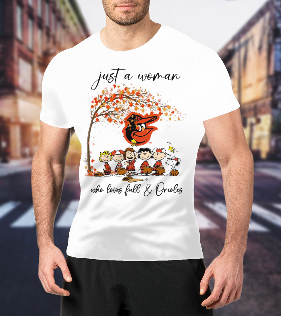 Just A Woman Who Loves Fall And Orioles Peanuts Football Thanksgiving T-Shirt