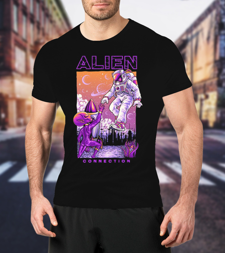 Alien And Astronaut Universal Bond Under Neon Cosmic Sky T-Shirt
