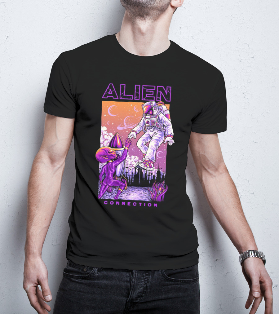 Alien And Astronaut Universal Bond Under Neon Cosmic Sky T-Shirt