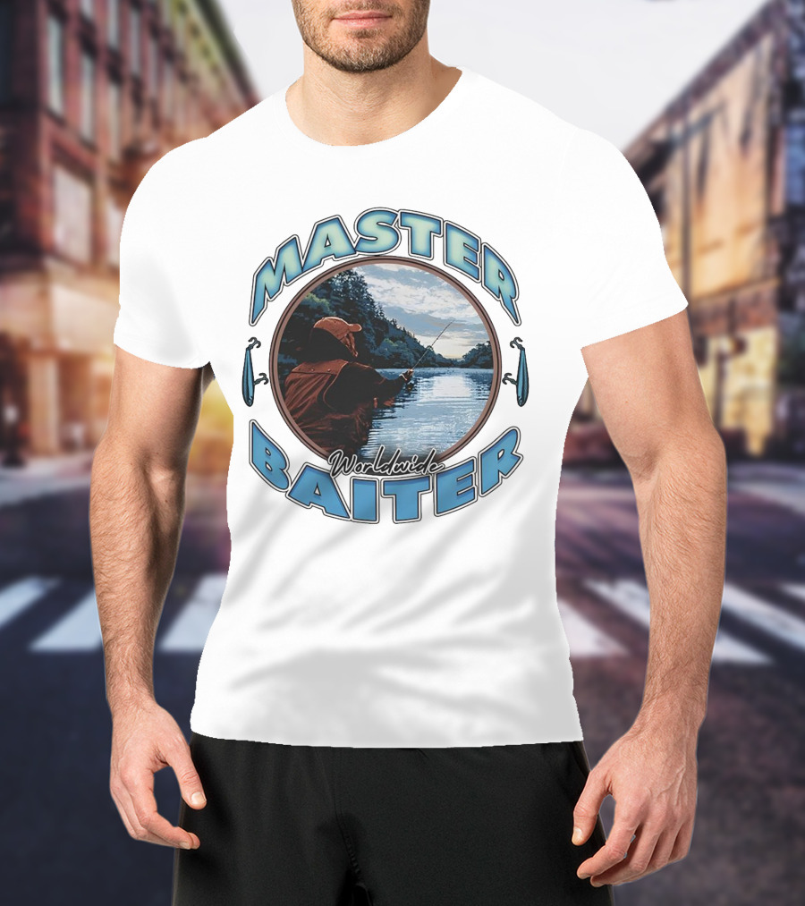 Master Baiter Worldwide Fishing Scene With Blue Text And Water Reflection T-Shirt