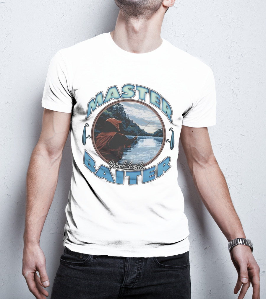 Master Baiter Worldwide Fishing Scene With Blue Text And Water Reflection T-Shirt