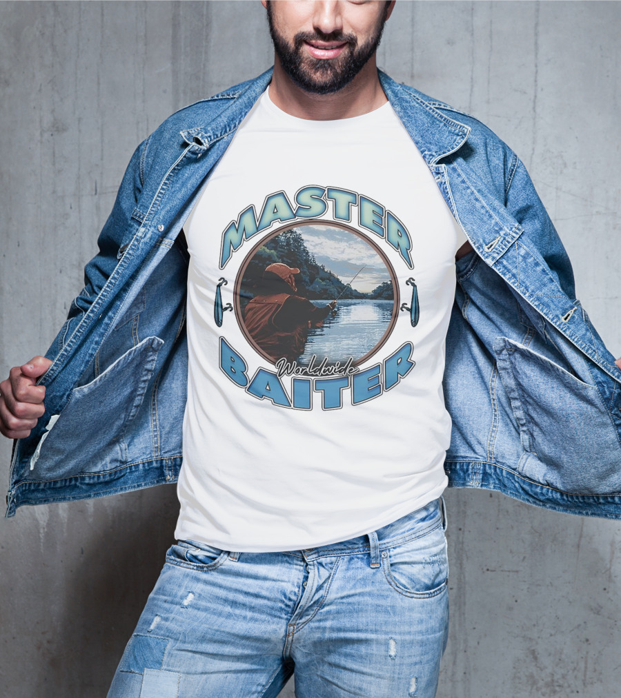 Master Baiter Worldwide Fishing Scene With Blue Text And Water Reflection T-Shirt