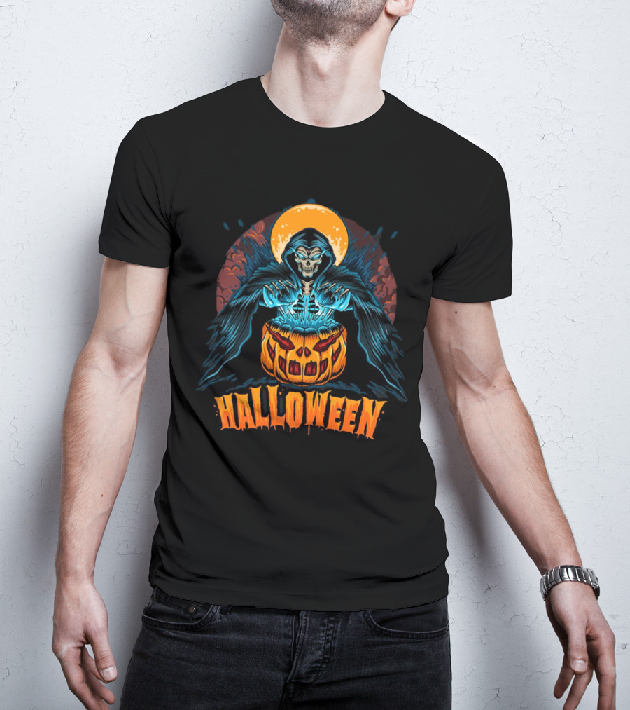 Grim Reaper With Pumpkin And Full Moon Halloween T-Shirt