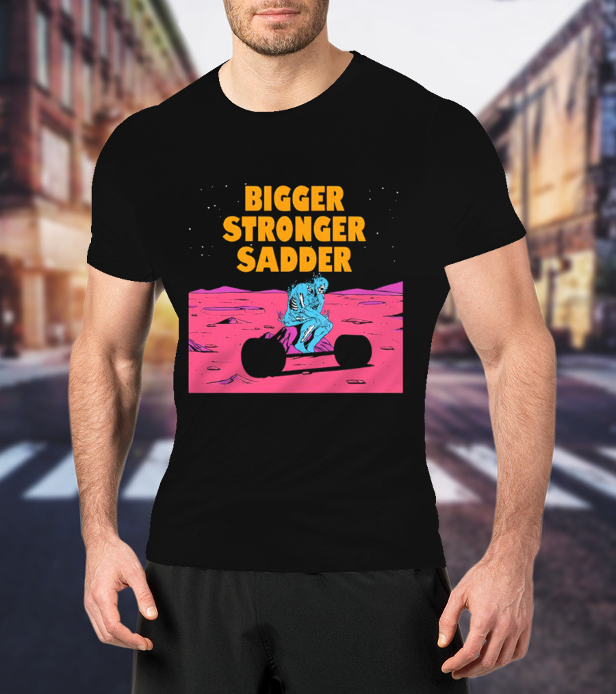 Bigger Stronger Sadder Skeleton Lifting Weights On Alien Planet T-Shirt