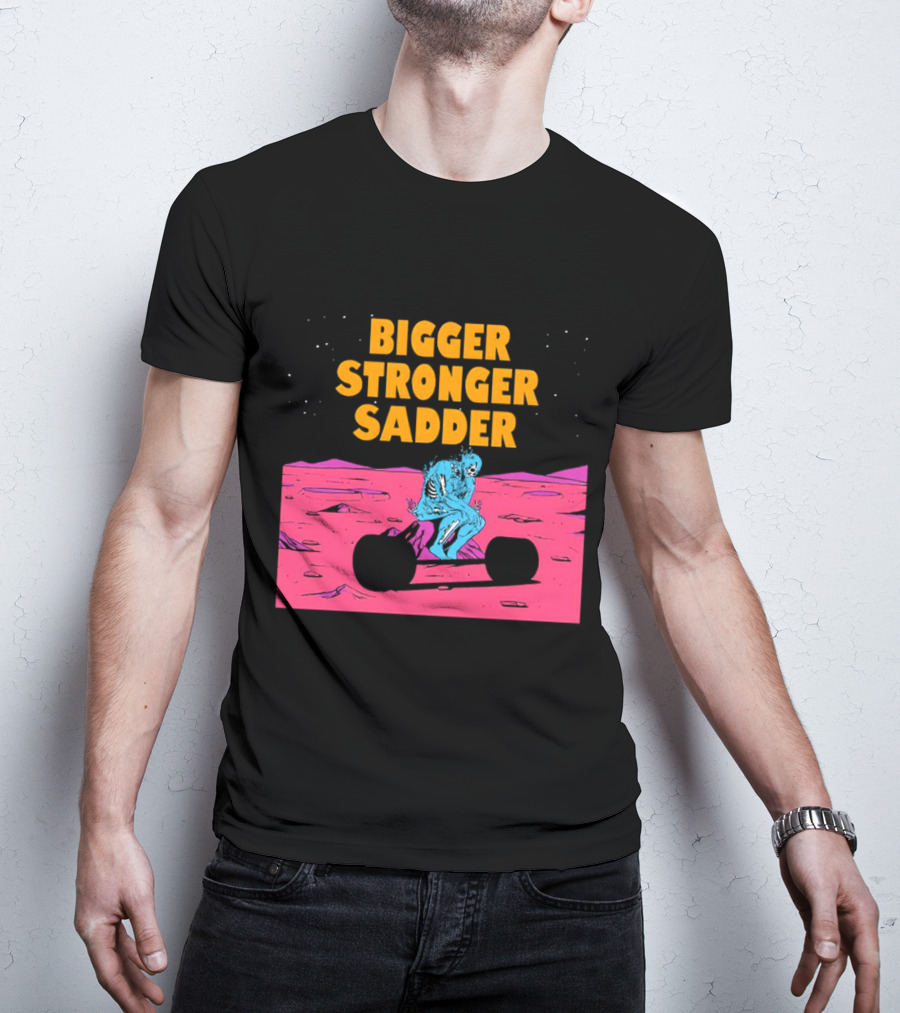 Bigger Stronger Sadder Skeleton Lifting Weights On Alien Planet T-Shirt