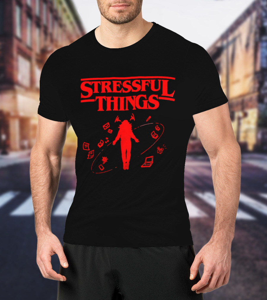 Stressful Things Floating Person With Scribbles And Electronics T-Shirt