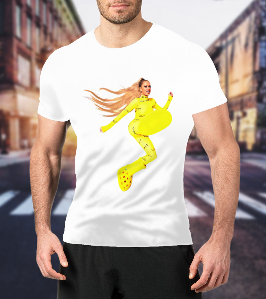 Paris Hilton Yellow Slime Crocs Big Yellow Boot T-Shirt