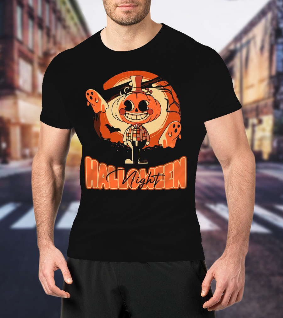 Halloween Night Pumpkin Head Boy With Ghosts And Bats T-Shirt