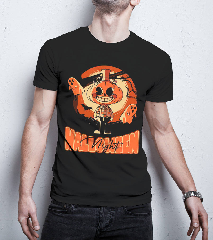 Halloween Night Pumpkin Head Boy With Ghosts And Bats T-Shirt