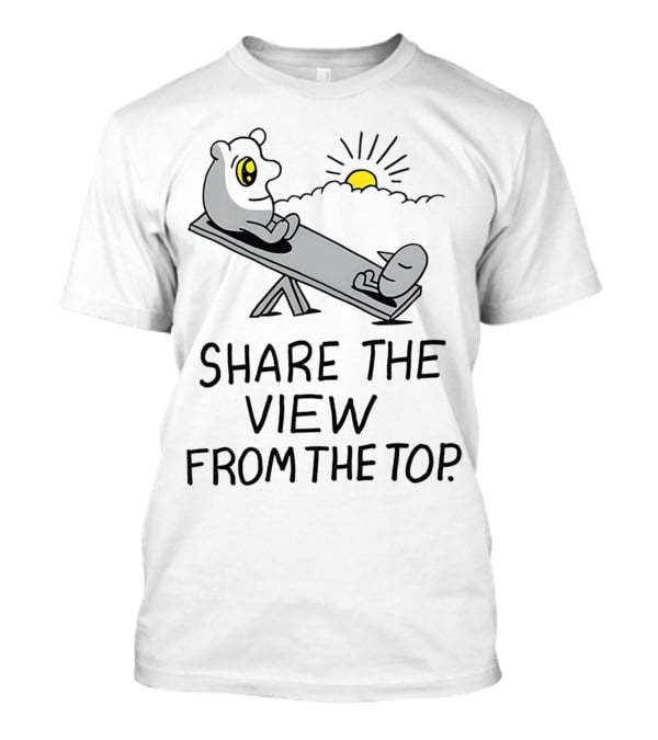 Share The View From The Top - Cartoon Figures On Teeter-Totter With Sunset T-Shirt