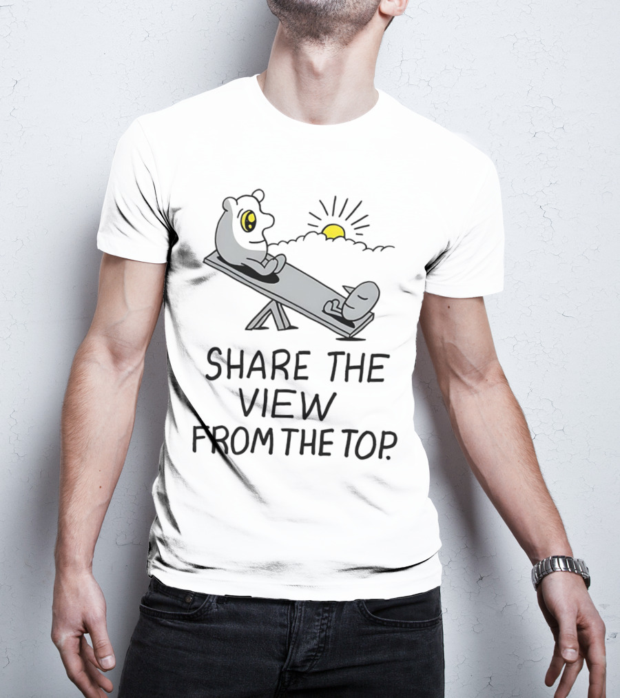 Share The View From The Top - Cartoon Figures On Teeter-Totter With Sunset T-Shirt