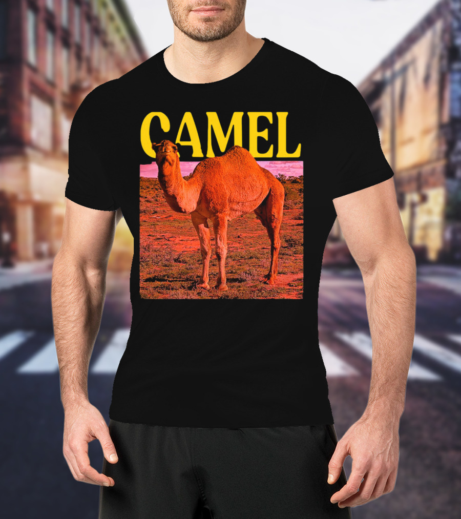 Camel In Vibrant Orange Desert Landscape T-Shirt