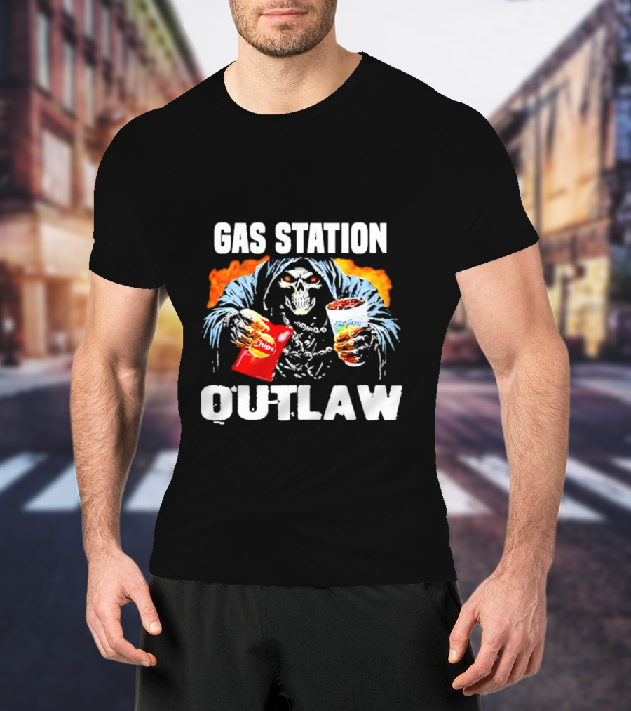 Gas Station Outlaw Chips Fiery Skull T-Shirt