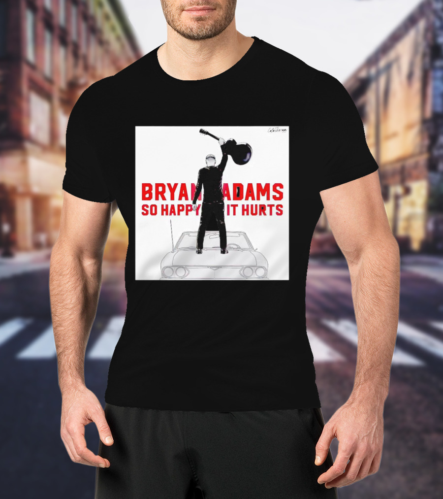 Bryan Adams So Happy It Hurts Album Cover Art Standing On Car With Guitar T-Shirt