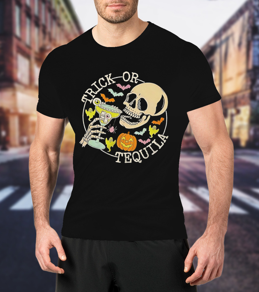 Trick Or Tequila Halloween Skeleton With Margarita, Bats, Ghosts, And Pumpkin T-Shirt
