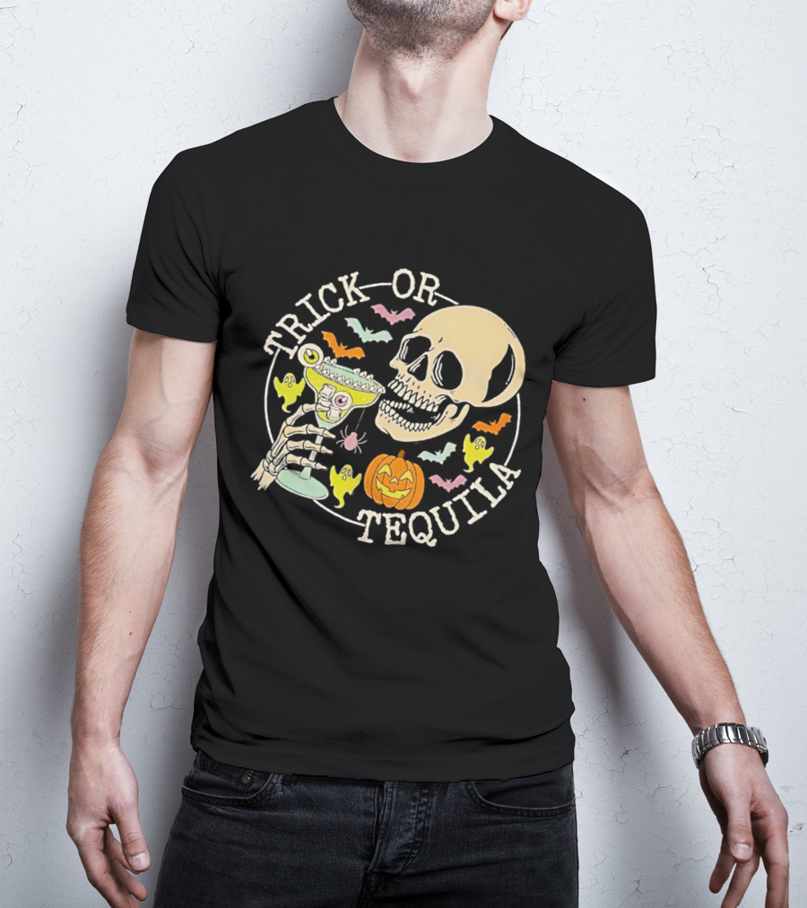 Trick Or Tequila Halloween Skeleton With Margarita, Bats, Ghosts, And Pumpkin T-Shirt