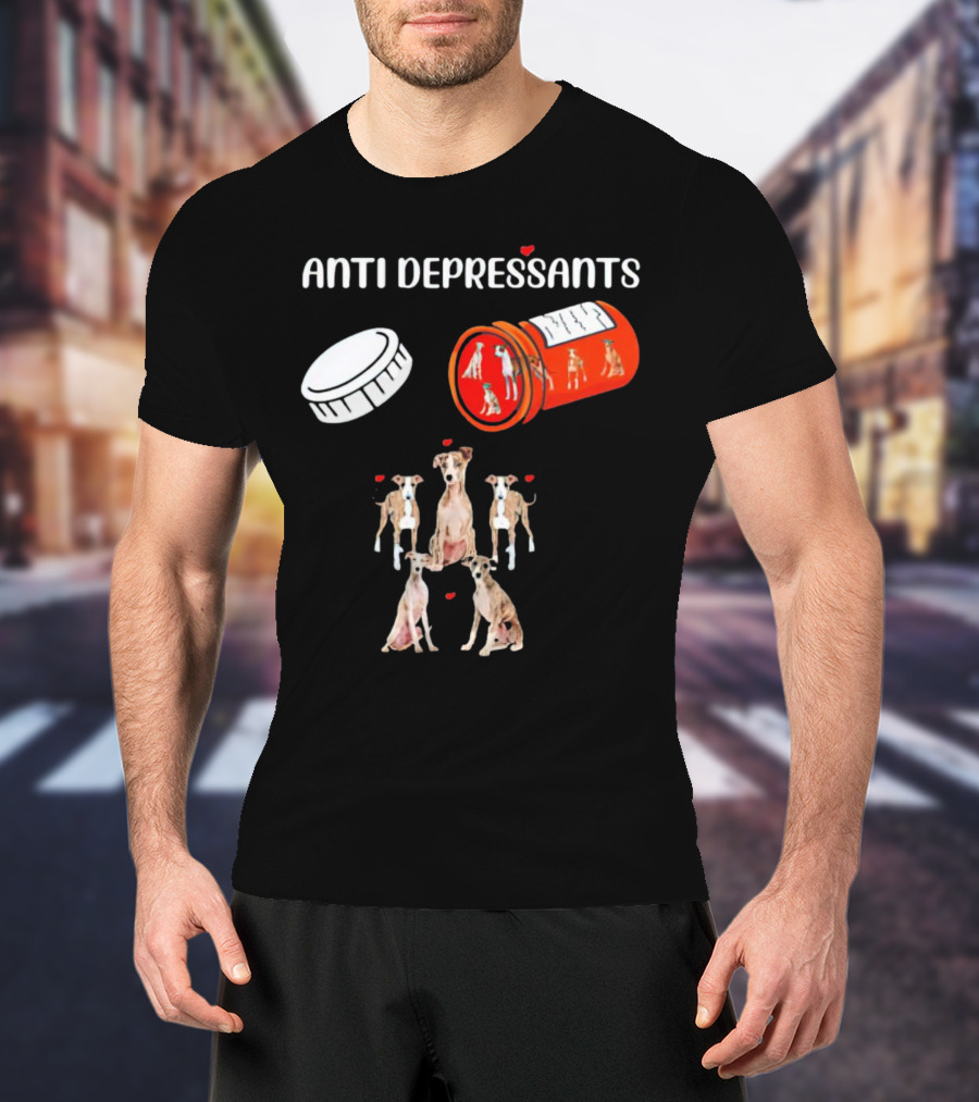 Anti Depressants Dogs Medicine Bottle With Greyhound Puppies T-Shirt