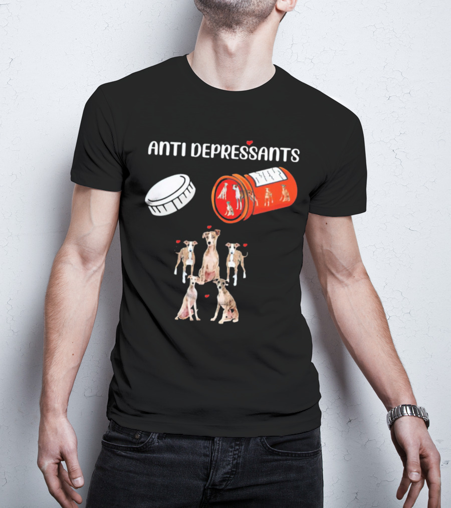 Anti Depressants Dogs Medicine Bottle With Greyhound Puppies T-Shirt