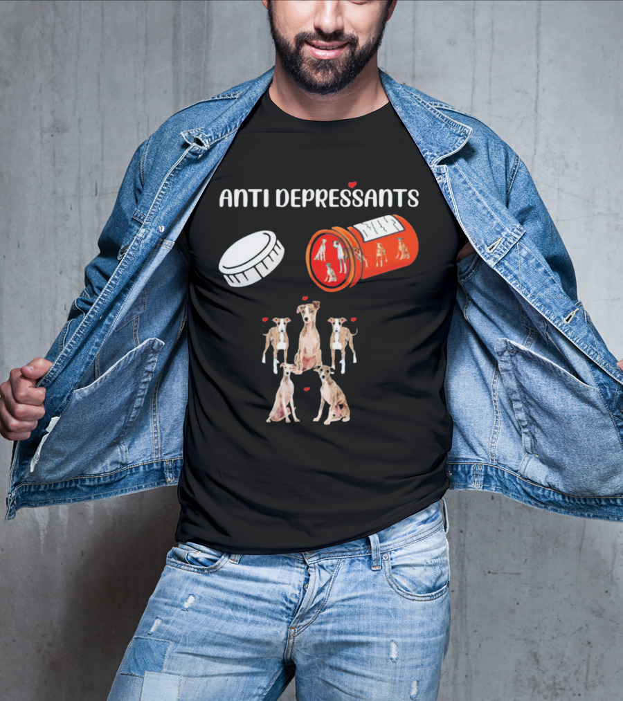 Anti Depressants Dogs Medicine Bottle With Greyhound Puppies T-Shirt