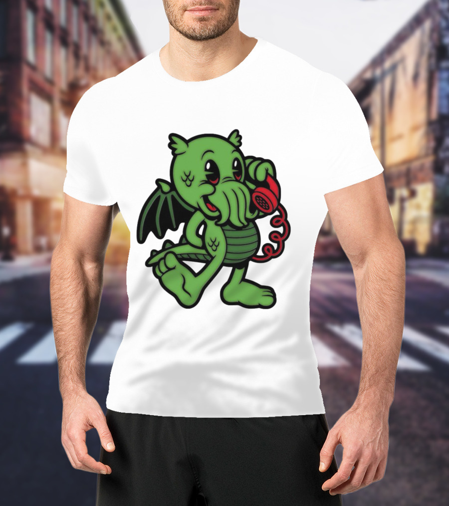 Chubby Cthulhu Phone Call Cartoon With Red Retro Telephone T-Shirt