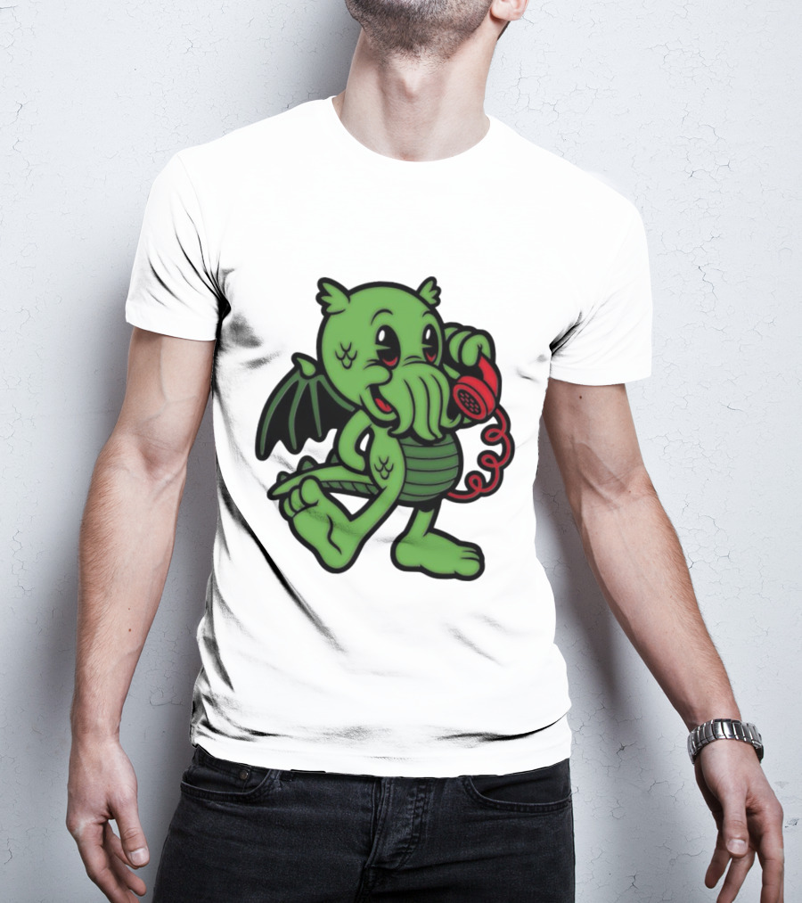 Chubby Cthulhu Phone Call Cartoon With Red Retro Telephone T-Shirt