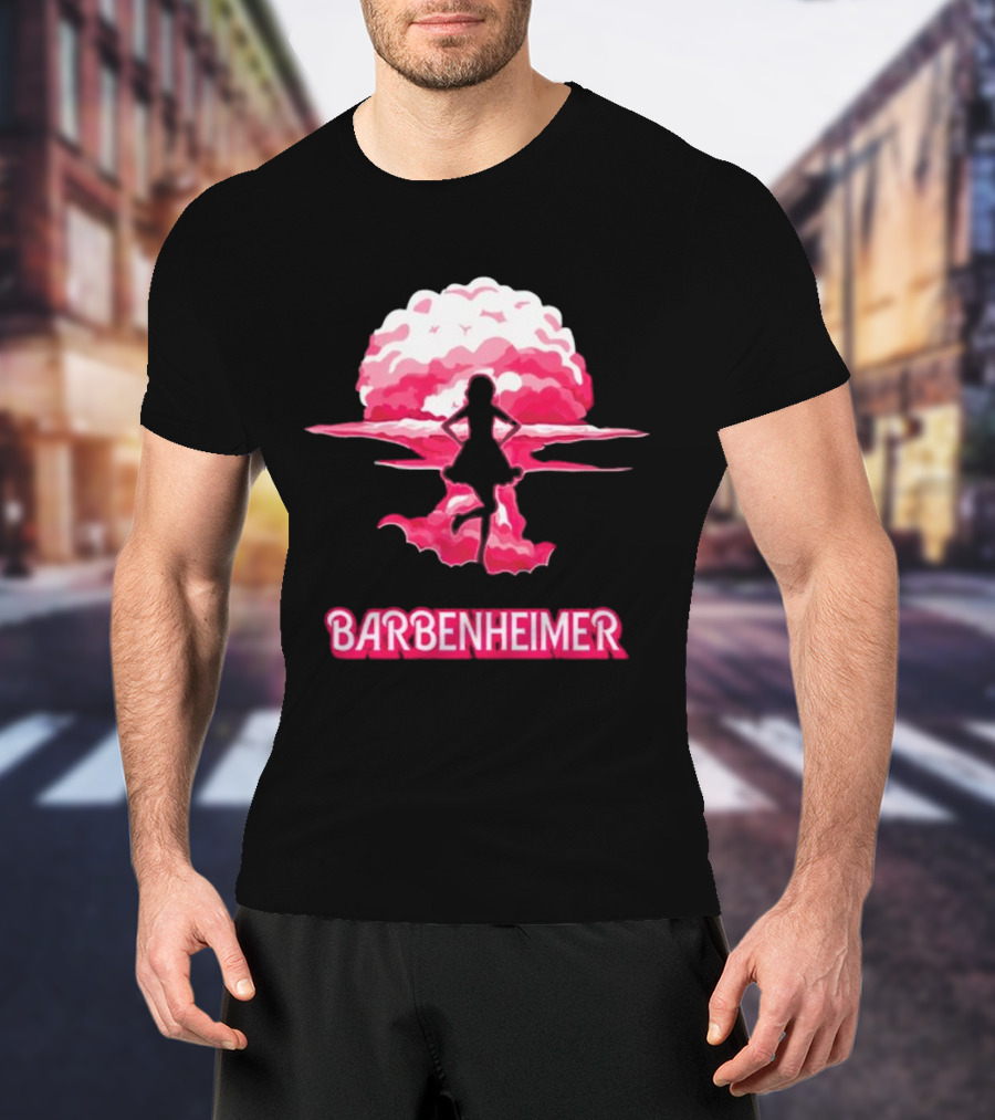 Barbenheimer Fusion Silhouette With Pink Explosion Background T-Shirt
