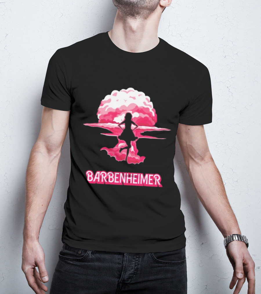 Barbenheimer Fusion Silhouette With Pink Explosion Background T-Shirt