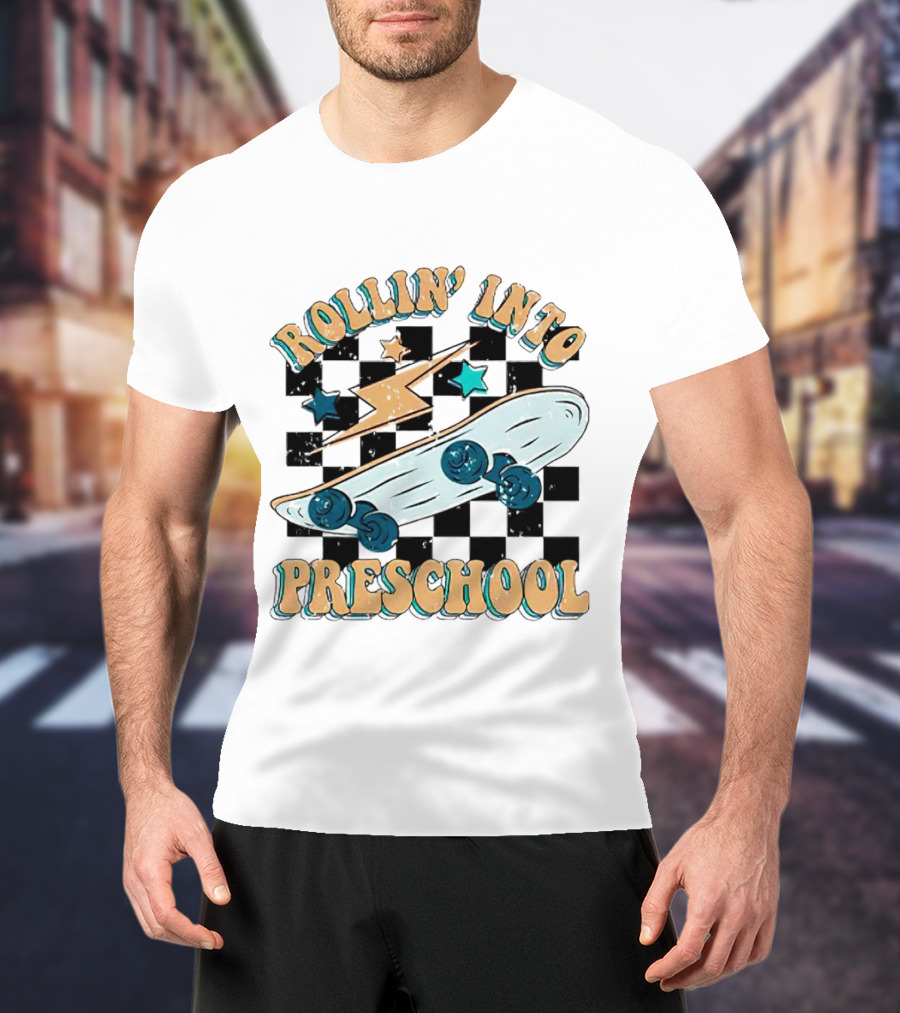 Rollin Into Preschool Skateboard Lightning Stars Checkered Background T-Shirt
