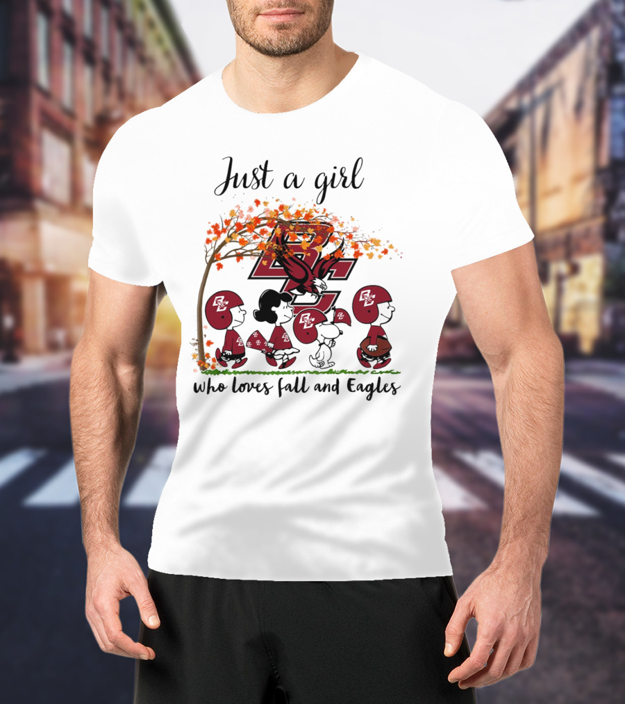 Just A Girl Who Loves Fall And Boston College Eagles Peanuts Cartoon T-Shirt