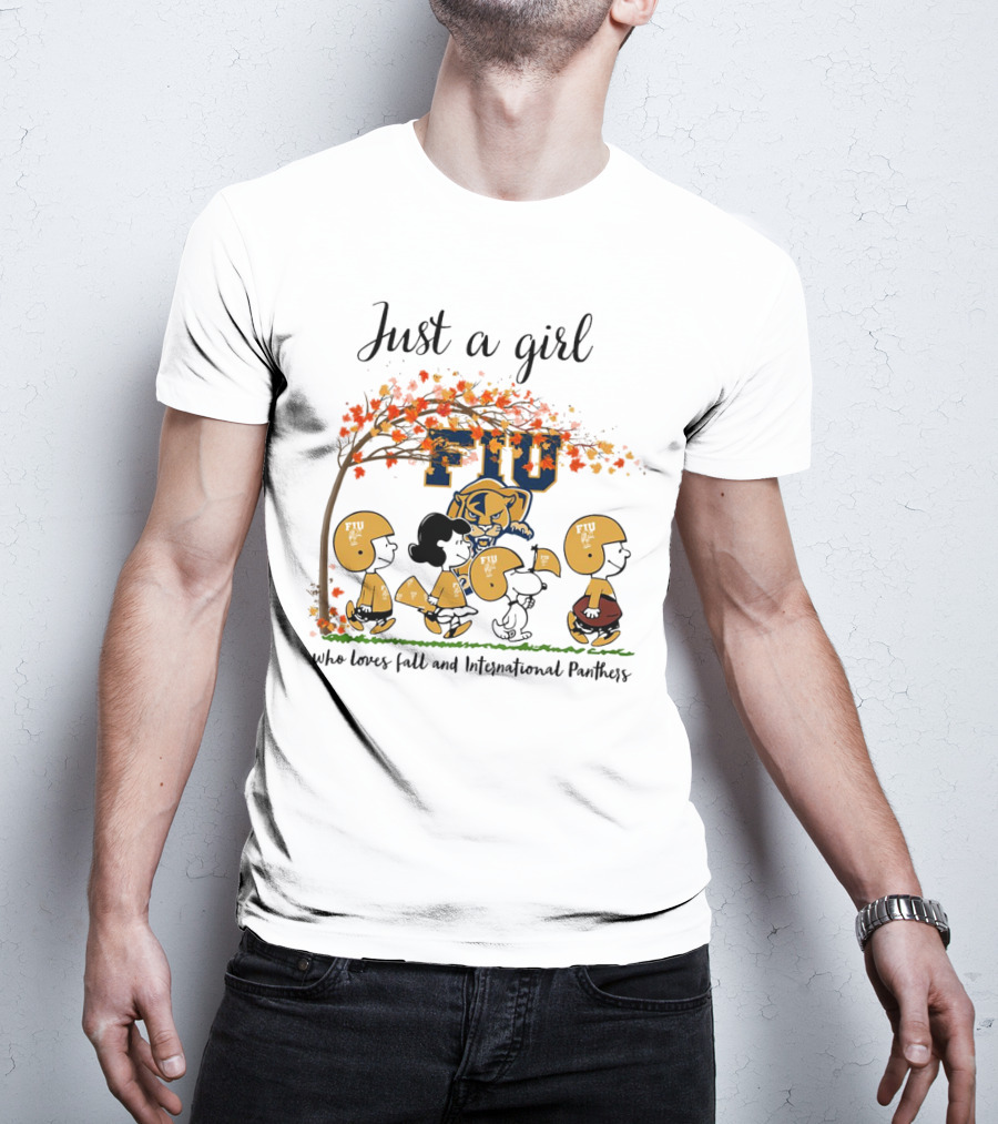 Just A Girl Who Loves Fall And FIU International Panthers Peanuts Cartoon T-Shirt