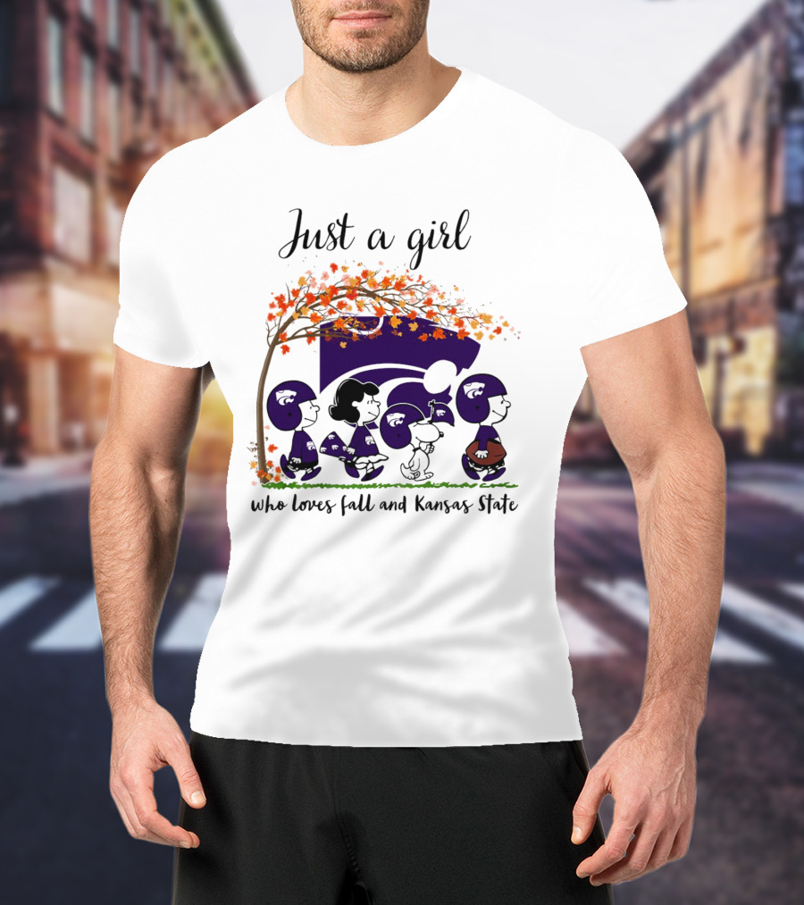 Just A Girl Who Loves Fall And Kansas State Peanuts Cartoon Halloween Football Players T-Shirt