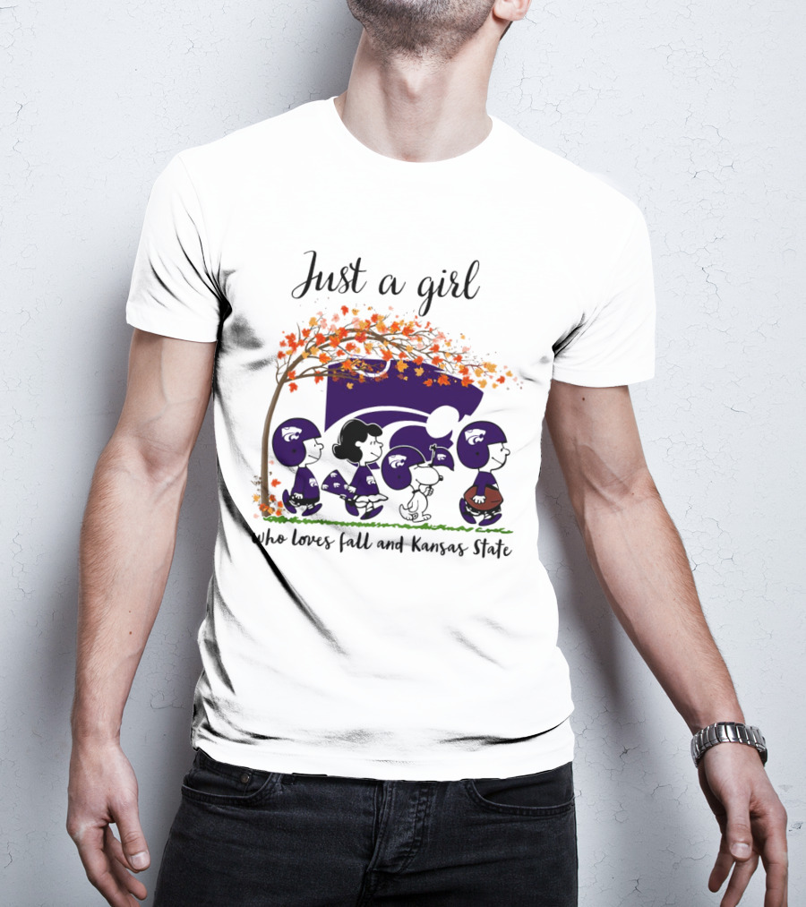 Just A Girl Who Loves Fall And Kansas State Peanuts Cartoon Halloween Football Players T-Shirt