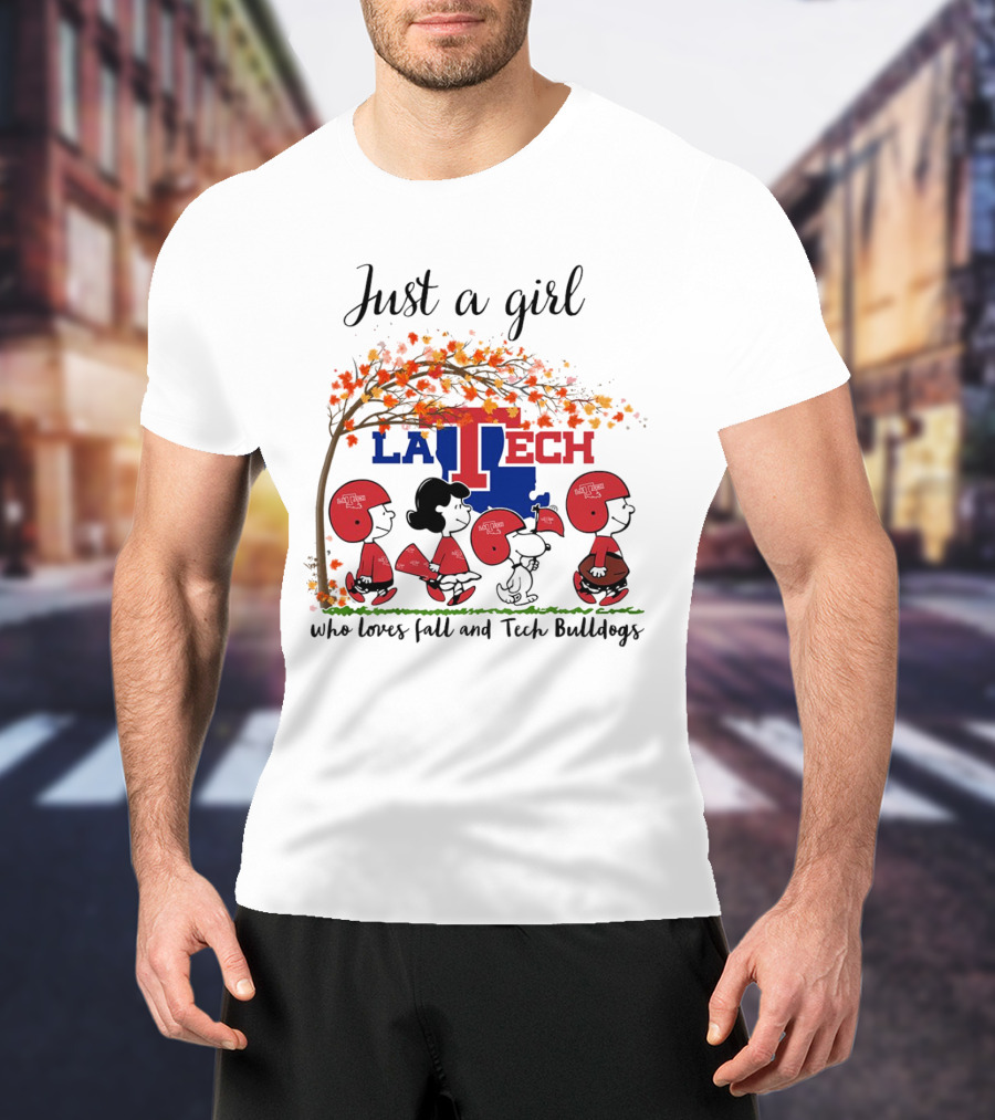 Just A Girl Who Loves Fall And LA Tech Bulldogs Peanuts Cartoon T-Shirt