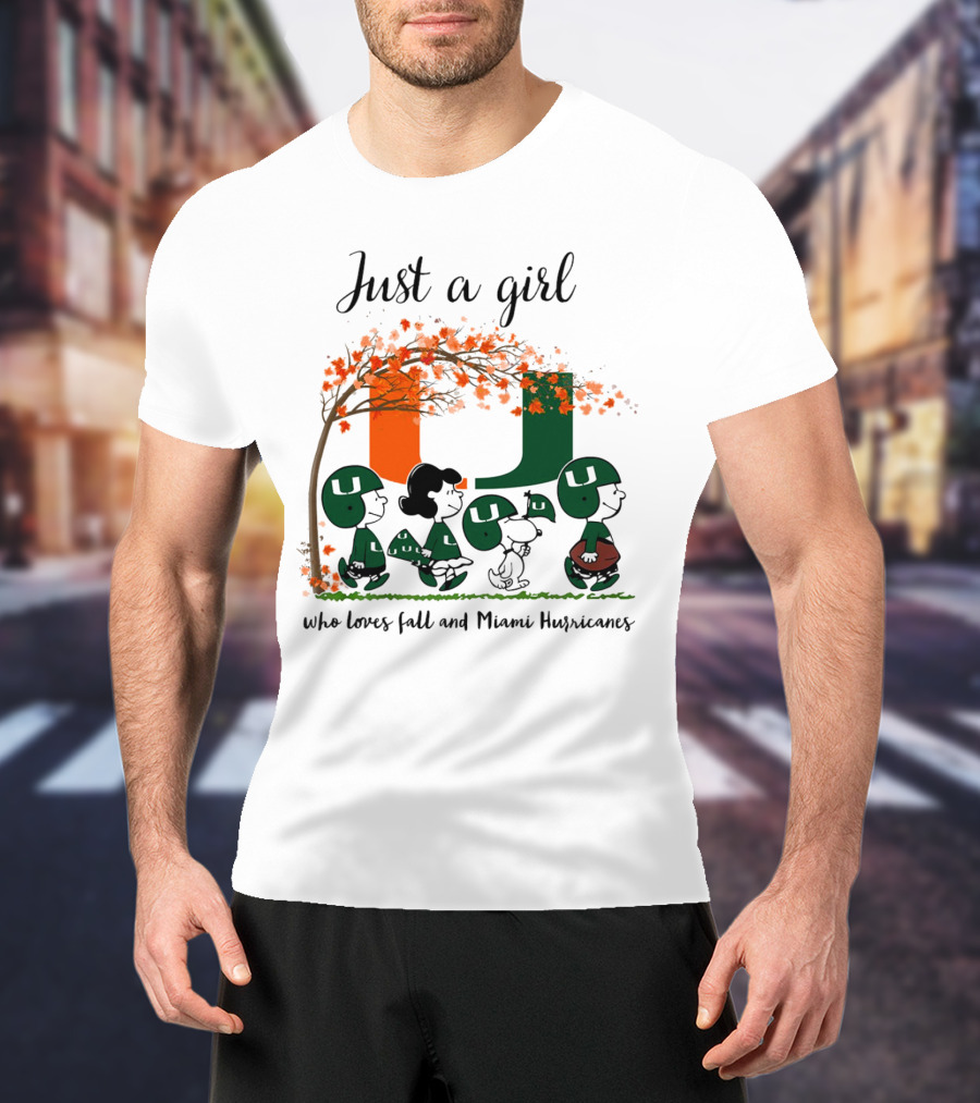 Just A Girl Who Loves Fall And Miami Hurricanes Peanuts Cartoon T-Shirt